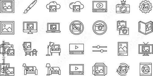 Collection of photography and multimedia icons like camera photo frame and video player on transparent background.