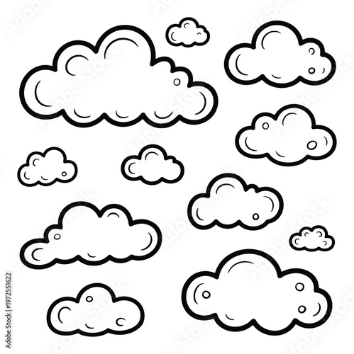 A collection of whimsical, hand-drawn clouds in black and white