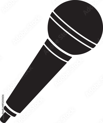 A sleek black microphone with three white horizontal stripes on its handle. silhouette vector icon