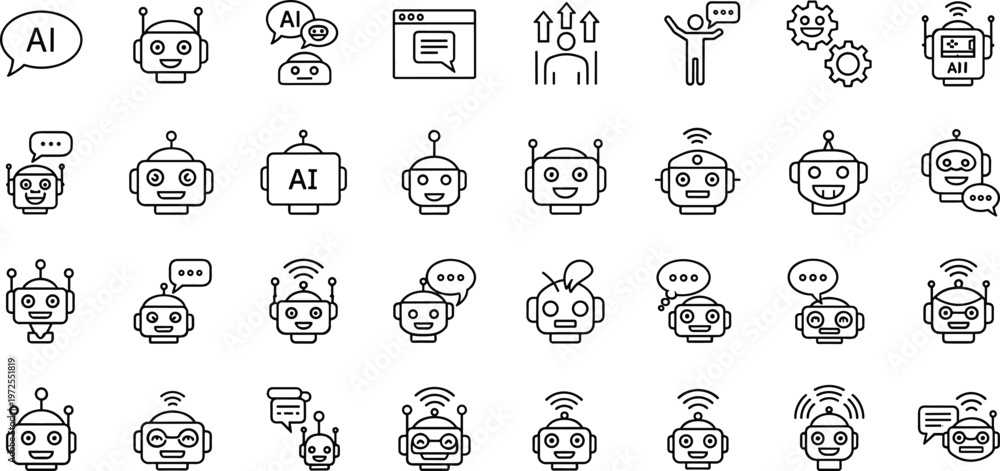 Obraz premium Collection of white line icons on a transparent background representing robots and artificial intelligence.