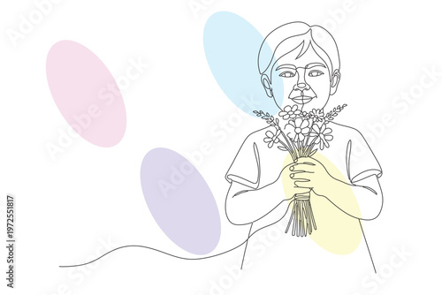 Continuous Line Drawing of a Child Holding Flowers, Minimalist Illustration with Pastel Background, Hand-Drawn Style for Kids and Loving Moments