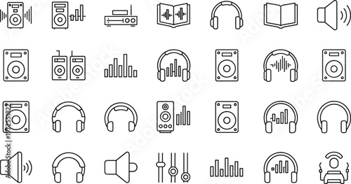 White line icons on a transparent background representing audio equipment and sound.