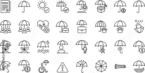 White line icons on transparent background related to insurance and protection.