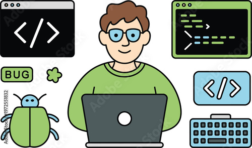 A cartoon man with a laptop and coding symbols around him