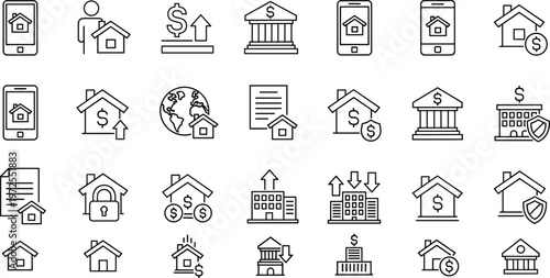 Real estate and finance icons set for property and money related applications.