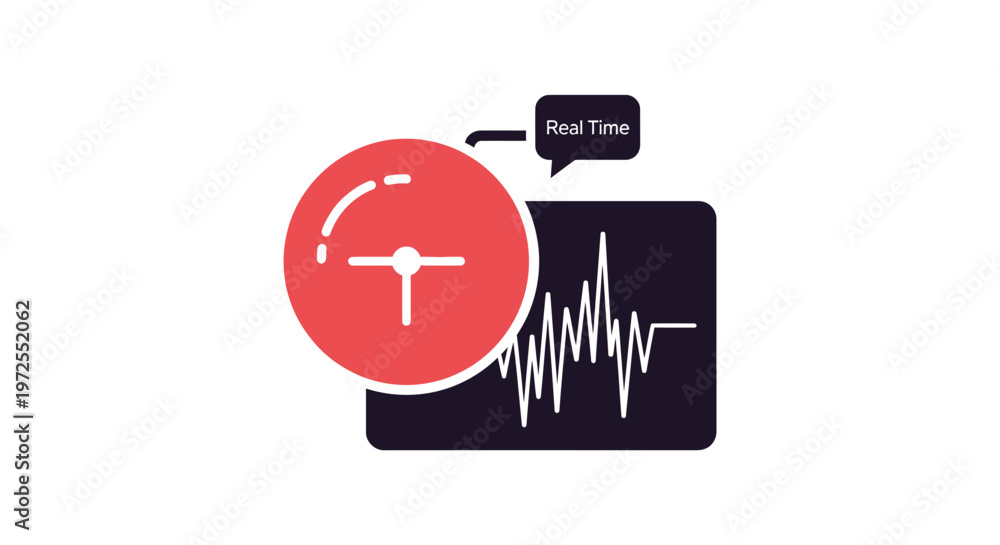 Fototapeta premium Abstract illustration depicting real-time data monitoring with a speedometer gauge and a waveform graph, symbolizing performance and immediate feedback.