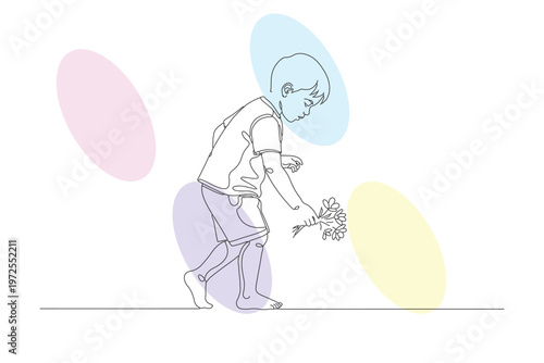 Continuous line drawing of a child picking flowers, a heartwarming illustration representing love, innocence, and the simple joys of a beautiful day.