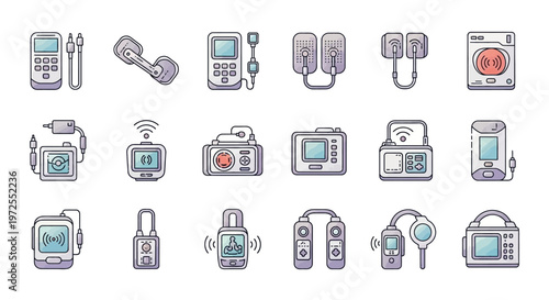 Collection of various electronic devices icons, including medical stimulators, health tech gadgets, and portable therapeutic equipment.