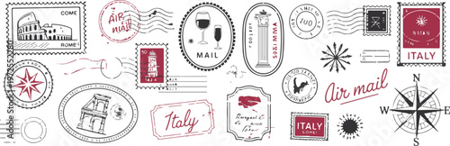 Vintage italian travel stamps vector set with famous landmarks and air mail postmarks on transparent background.