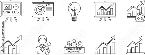 Set of business strategy line icons featuring growth charts financial planning and professional brainstorming session symbols