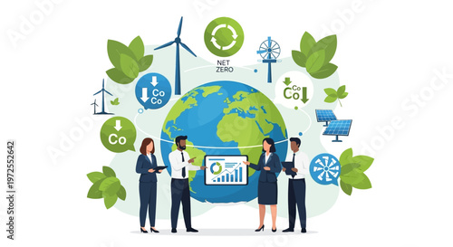 A diverse group of business people presenting corporate sustainability data on a tablet in front of a globe surrounded by green energy icons, creating a vibrant illustration
