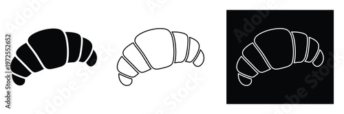 Croissant pastry icon set with black, White and outline styles for baking and food design