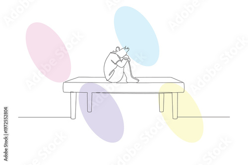 Continuous line drawing of a child sitting on a bench, expressing sadness and contemplation, with colorful abstract shapes surrounding them.