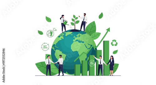 An illustration depicting a team in corporate settings nurturing Earth Day initiatives, with people surrounding the globe and rising green graph bars against a clean white background