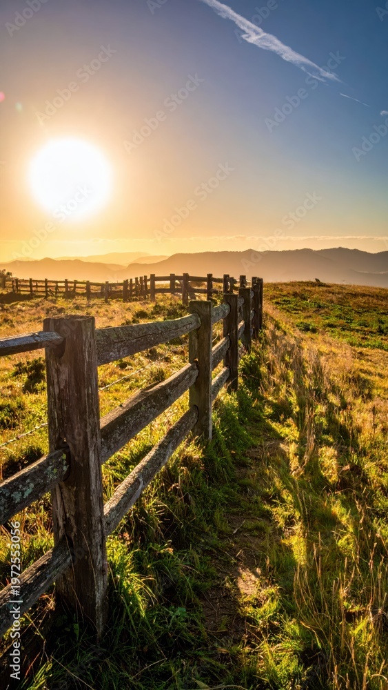 Obraz premium Serene Sunrise Overrolling Hills with Rustic Wooden Fence