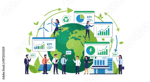 An illustration depicts a diverse group of people and charts surrounding the Earth, symbolizing corporate sustainability efforts with renewable energy sources and green initiatives