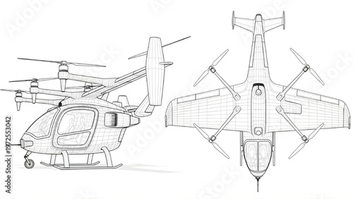 Drone Taxi CAD Technical Schematic Side Top Views Perspective Wireframe Futuristic