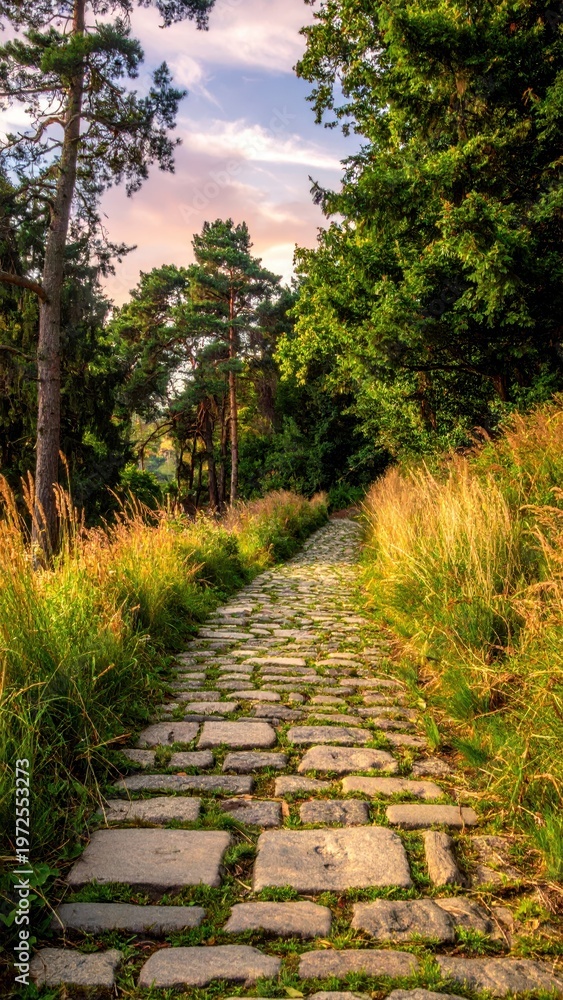Fototapeta premium Tranquil Stone Pathway Through Lush Green Forest and Trees
