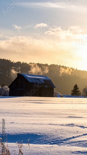 Serene Winter Landscape with Rustic Barn Amidst Snow and Sunset