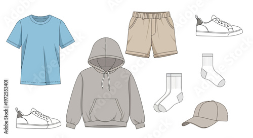 Casual summer outfit collection featuring t-shirt hoodie shorts sneakers socks and cap illustration.