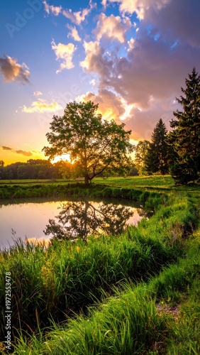 Serene Sunset Reflection Over Calm Pond Surrounded by Lush Trees