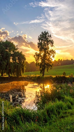 Serene Sunset Over Calm Water with Lush Greenery and Trees