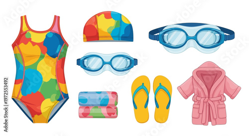 Colorful Illustrated Set of Swimming Accessories Including Swimsuit Goggles Cap Towel Flip-Flops and Robe.
