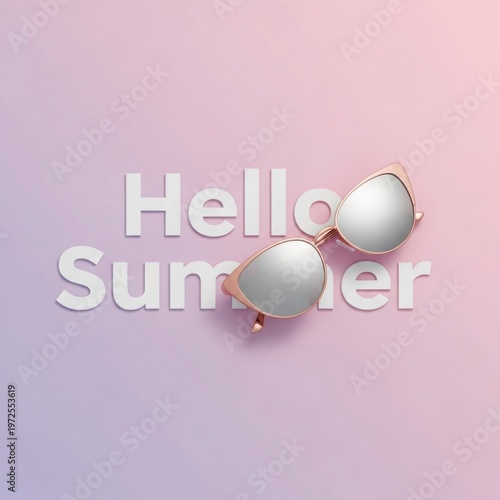 Hello Summer sunglasses on pastel gradient background, bright stylish eyewear