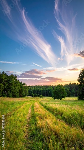 Serene Landscape of Open Field with Clouds in Colorful Sky