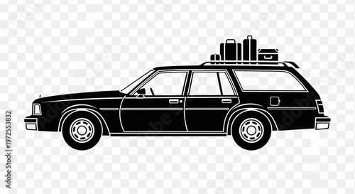 Vintage station wagon with luggage on roof rack.