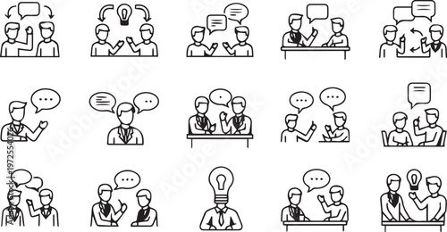 Set of business communication icons showing professional people in meetings talking and sharing creative ideas