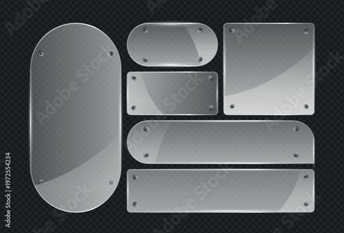 Collection of various clear glass plates with screws on transparent background.