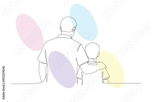 Continuous Line Drawing of a Father and Child Gazing Together, Minimalist Illustration of Parental Love and Connection, Hand-Drawn Style
