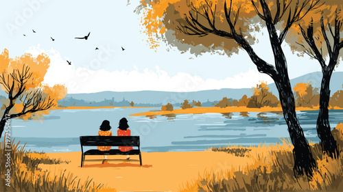 Tranquil Scene of Close Friends Embracing Nature at Riverside