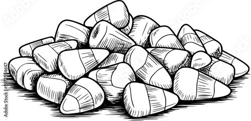 Hand Drawn Pile of Candy Corn Treats Isolated White Background for Halloween sweet