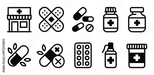 Medical Pharmacy, Pills, Bandages, and Bottles