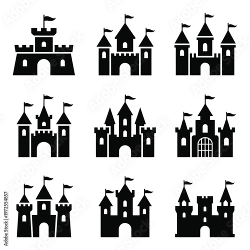 Collection of Black Castle Silhouettes with Flags