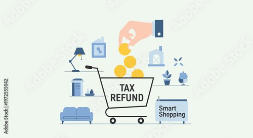Minimal Flat Illustration Tax Refund Smart Shopping Coins into Cart