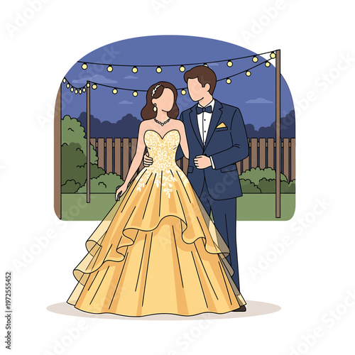 Enchanted Evening: A young couple embraces the magic of their special night, illuminated by soft fairy lights. A classic scene with a touch of elegance and romance.