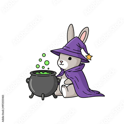 Whimsical Rabbit Alchemist: An enchanting illustration presents a charming rabbit in a wizard's attire, diligently attending to a bubbling cauldron. The scene conjures magic and imagination.