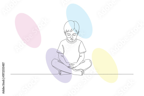 Continuous Line Drawing of a Meditating Child Surrounded by Pastel Shapes, Representing Peace, Mindfulness, and a Calm, Loving Childhood