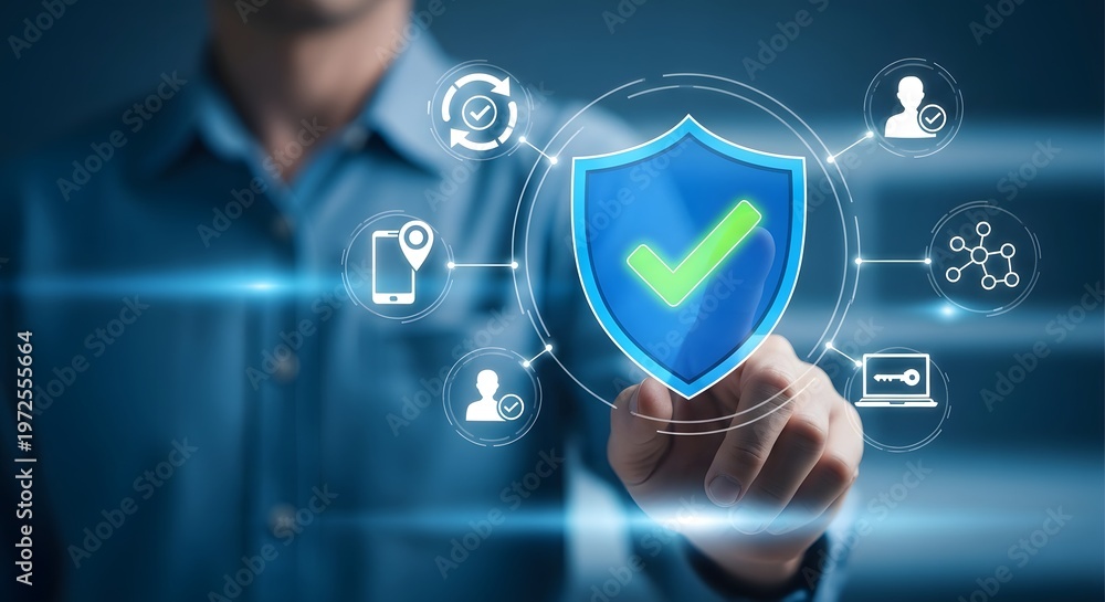 Fototapeta premium Digital security concept man interacting with a futuristic shield interface