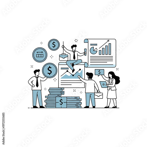 Financial Symphony: Depicts a group of professionals harmonizing to orchestrate intricate financial strategies. Showcasing monetary dynamics in a collaborative and strategic context