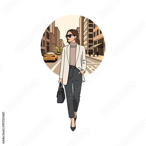 Urban Elegance: A fashion-forward individual confidently strides through a bustling cityscape, embodying style and sophistication.