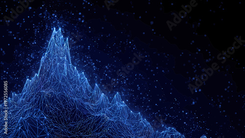 Mountain peak depicted as a digital wireframe landscape symbolizes the summit of technological achievement and the exploration of new digital frontiers.