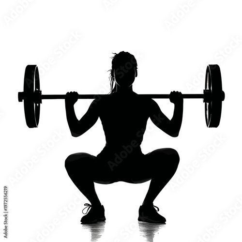 Black Silhouette of a Female Weightlifter Squatting with Barbell in Strength Training Pose