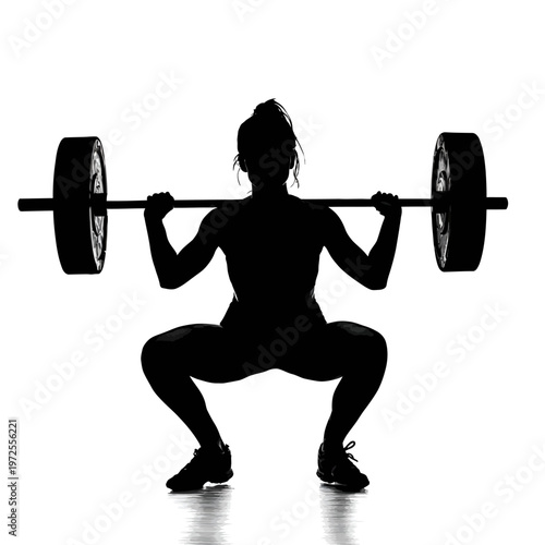 Black Silhouette of a Female Weightlifter Squatting with Barbell in Strength Training Pose