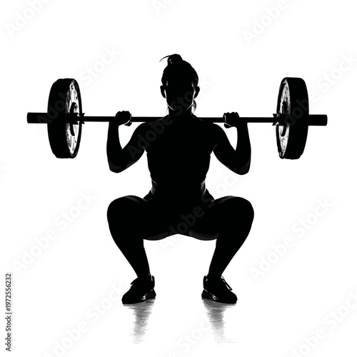 Black Silhouette of a Female Weightlifter Squatting with Barbell in Strength Training Pose