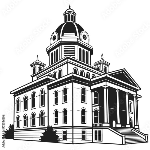 Government building, courthouse, civic architecture, vector illustration, black and white