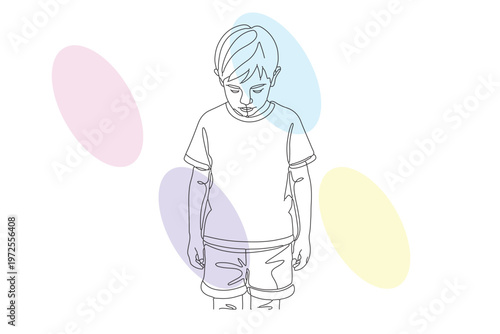 Continuous line drawing of a young boy, hand-drawn illustration with pastel shapes, representing childhood innocence and a peaceful, loving day.